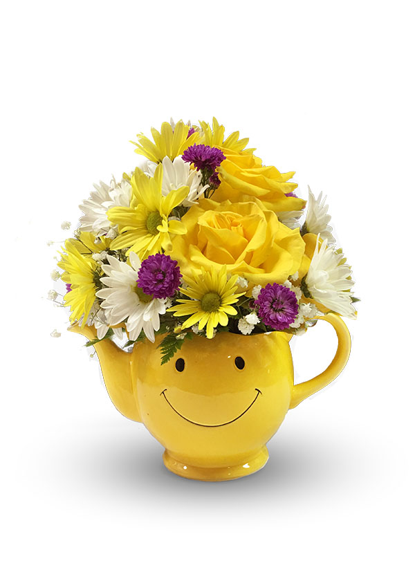 Smiley Face Teapot Flower Arrangement